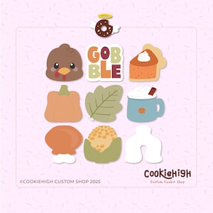 May include: A collection of colorful, cartoon-style Thanksgiving-themed illustrations. Includes a turkey, pumpkin pie, pumpkin, leaf, coffee mug, corn, and the word "GOBBLE". The image also features a donut with angel wings.