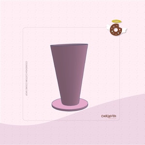 以下が含まれることがあります： 丸い底を持つ紫色の円錐形のクッキーカッター。クッキーカッターは、ピンクのドット模様の白い背景の上にあります。画像の左側に「CookieHigh Custom Cookie Shop」というテキストがあります。画像の右上に、ハローが付いたドーナツの漫画があります。