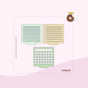 Puede incluir: Cortadores de galletas con forma de bloc de notas, lista de tareas y calculadora. El bloc de notas y la lista de tareas son de color verde claro y amarillo, con líneas horizontales y una fila de círculos. La calculadora es verde claro con una cuadrícula de cuadrados.