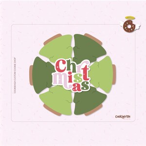 May include: A Christmas-themed design featuring a circular arrangement of green and brown Christmas trees. The word "Christmas" is written in red, green, and pink. A cartoon donut with a halo is in the upper right corner. The design is on a pink background.
