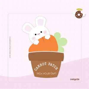 May include: A white bunny rabbit peeking out of a brown pot with a large orange carrot. The pot has the text "Carrot Patch Pick Your Own" on it.