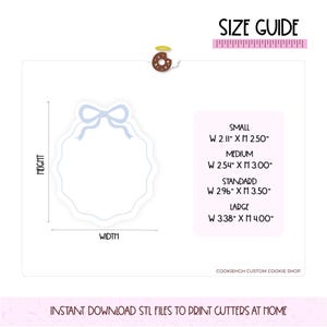 May include: A size guide for a cookie cutter in the shape of a wreath with a blue bow. The sizes are small (2.11 inches wide by 2.50 inches high), medium (2.54 inches wide by 3.00 inches high), standard (2.96 inches wide by 3.50 inches high), and large (3.38 inches wide by 4.00 inches high).