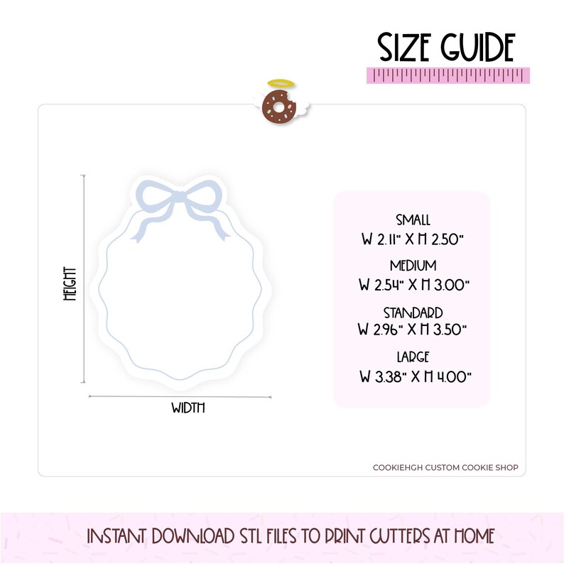 May include: A size guide for a cookie cutter in the shape of a wreath with a blue bow. The sizes are small (2.11 inches wide by 2.50 inches high), medium (2.54 inches wide by 3.00 inches high), standard (2.96 inches wide by 3.50 inches high), and large (3.38 inches wide by 4.00 inches high).