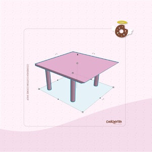 May include: A pink table with four legs, rendered in a 3D style. The table is on a light blue square with a black outline. The text "Cookiehigh Custom Cookie Shop" is on the left side of the image. A cartoon donut with a halo is in the upper right corner of the image.