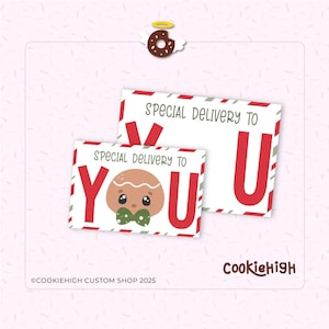 May include: Two rectangular gift tags with the text "SPECIAL DELIVERY TO YOU" in red letters. One tag features a gingerbread man with a green bow tie. The tags have red and green striped borders.