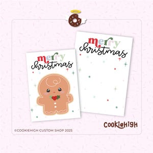 May include: Two Christmas cards with the words "merry christmas" in red and green. One card features a gingerbread man illustration with a red berry and holly. The other card has a white background with colorful stars.
