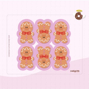 Puede incluir: Seis diseños de galletas de hombre de jengibre sobre un fondo rosa. Cada hombre de jengibre tiene una pajarita roja, detalles de glaseado blanco y acentos de bastón de caramelo. La imagen incluye el texto "COOKIEHGH CUSTOM COOKIE SHOP" y "Cookie19H".