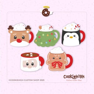 May include: A collection of Christmas-themed mugs with whipped cream toppings. Designs include a reindeer, Christmas tree, penguin, Santa Claus, and gingerbread person. Each mug has a red handle and a unique festive face.