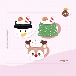 May include: Three festive Christmas-themed mugs. One is a snowman, another a Christmas tree, and the last a reindeer. Each mug is filled with whipped cream, a cookie, and a candy cane. The mugs are white with colorful details and are set against a pink background.