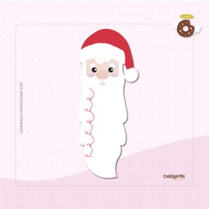 May include: A Santa Claus-shaped cookie cutter with a red hat and white beard. The cookie cutter has a whimsical design with a round white pom-pom on the hat. The image also includes a donut with wings and a halo.
