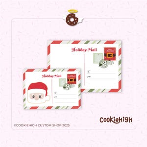 Puede incluir: Dos postales navideñas con bordes a rayas rojas y verdes. Una presenta a Papá Noel, la otra un sello que dice "Merry Christmas". Ambas dicen "Holiday Mail" en escritura roja. Una rosquilla con alas de ángel y un halo en la parte superior.
