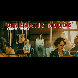 May include: A scene from a film with the text "CINEMATIC MOODS" in red. The image shows several people on a bus or train. One person holds a bag of goldfish. The image is lit with warm tones.