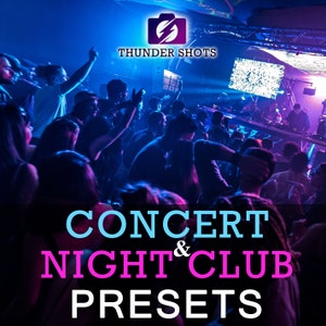 May include: A crowd of people at a concert or nightclub. The text "CONCERT & NIGHT CLUB PRESETS" is overlaid on the image. The image is a promotional image for a product that helps photographers take better photos at concerts and nightclubs.