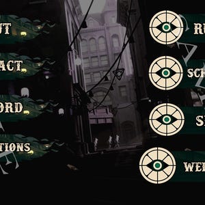 Op de afbeelding: Een donkergroene en witte banner met de woorden "About", "Contact", "Discord", "Donations", "Rules", "Schedule", "Specs" en "Welcome" erop. De banner is geplaatst tegen een donkere achtergrond met een straatbeeld van de stad.