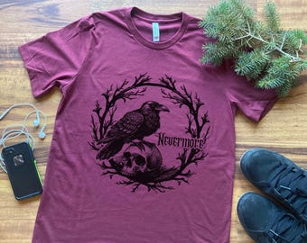 Nevermore tshirt, raaf gedicht Edgar Allan Poe quote lijn dood shirt cadeau, donkere gotische vogel op schedel tak frame literaire minnaar goth punk