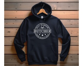Sweatshirt/hoodie met parodie op het logo van een slagerij, zwarte humor van een slagerij in Miami, kwaliteitsvlees.