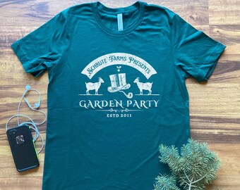 T-shirt voor een tuinfeest op het platteland, elegant retro T-shirt met boerderij- en landgoedmotief en bijbehorende banner.