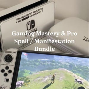 May include: A white Nintendo Switch console and accessories are displayed, with the text "Gaming Mastery & Pro Spell / Manifestation Bundle." The screen shows a video game landscape. The console has the text "(THUNDERBOLT PROJECT) BY & POKEMON."