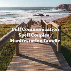 May include: A wooden walkway with railings leads to a beach with blue water and a rocky outcropping. The text "Full Communication Spell Couples / Manifestation Bundle" is written on the walkway. The text "SpellDrissManifest" is at the bottom of the image.