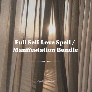 May include: A close-up of a sheer curtain with a warm, golden light shining through. The text "Full Self Love Spell / Manifestation Bundle" is written in white letters on the curtain. The text "SpellDrissManifest" is written in smaller white letters at the bottom of the image.