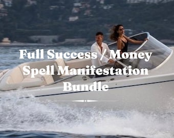 May include: A couple on a white speedboat on the water. The text "Full Success / Money Spell Manifestation Bundle" is superimposed on the image.