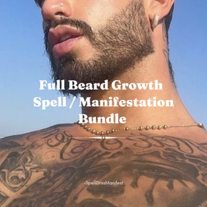 May include: A man with a full beard and a gold chain necklace. The text "Full Beard Growth Spell/Manifestation Bundle" is written in white letters on a blue background. The text "SpellDrisssManifest" is written in white letters on a black background.