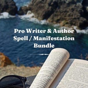 May include: An open book with printed text pages positioned in the foreground, with a pair of black glasses resting nearby. The text "Pro Writer & Author Spell / Manifestation Bundle" is overlaid in white font against a blurred coastal background.