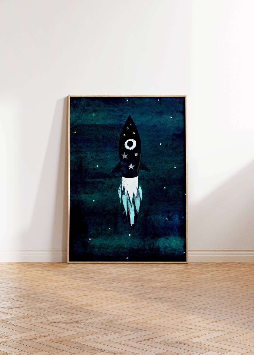 Nursery Rocket Wall Art Poster for Kids Room Stars Print Nursery Wall ...
