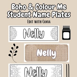 Peut inclure: Trois plaques de nom imprimables avec le nom "Nelly" écrit en cursive noire. Les plaques présentent un design bohème avec des mandalas et un fond en toile de jute. Les plaques sont conçues pour être colorées.