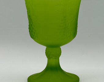 Vintage Indiana Glass Satin/Frosted Green Goblet -Grape Design