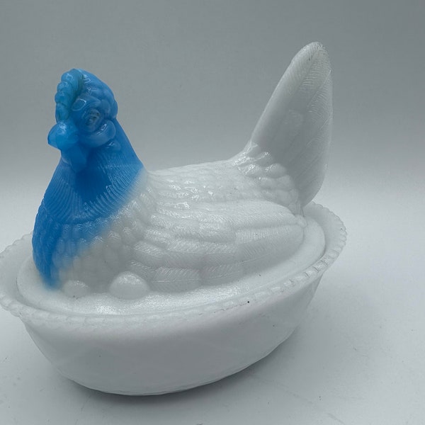 Vintage Westmoreland Hen on a Nest Candy Dish, White with Blue Head. Head Turned.