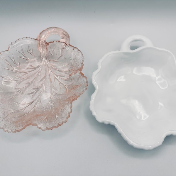 Vintage Pink OR Milkglass White single leaf candy dishes - vintage Indiana Glass pattern