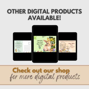 May include: Image showcasing three digital product mockups on tablets. The central tablet displays a "Happy Easter" design with a bunny. The top text reads "OTHER DIGITAL PRODUCTS AVAILABLE!" and the bottom text says "Check out our shop for more digital products."