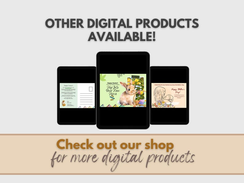 May include: Image showcasing three digital product mockups on tablets. The central tablet displays a "Happy Easter" design with a bunny. The top text reads "OTHER DIGITAL PRODUCTS AVAILABLE!" and the bottom text says "Check out our shop for more digital products."