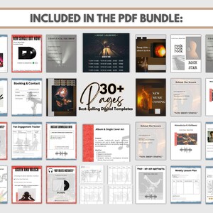 May include: A collection of digital templates for musicians, including album art, booking forms, and fan engagement trackers. The bundle includes over 30 pages of templates with a variety of designs and layouts, with the text "30+ Pages Best-Selling Digital Templates".