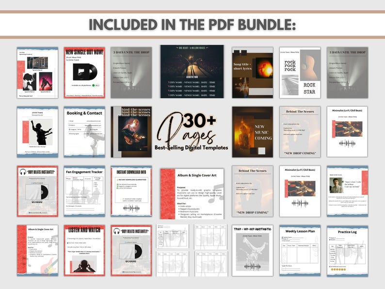 May include: A collection of digital templates for musicians, including album art, booking forms, and fan engagement trackers. The bundle includes over 30 pages of templates with a variety of designs and layouts, with the text "30+ Pages Best-Selling Digital Templates".