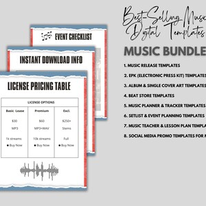 May include: A stack of digital templates for musicians, including a license pricing table, event checklist, and instant download info. The templates are red, white, and blue with a music theme. The text reads "Best-Selling Music Digital Templates MUSIC BUNDLE!"