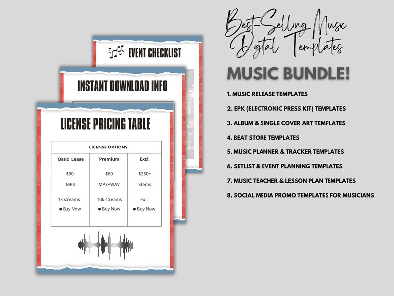 May include: A stack of digital templates for musicians, including a license pricing table, event checklist, and instant download info. The templates are red, white, and blue with a music theme. The text reads "Best-Selling Music Digital Templates MUSIC BUNDLE!"