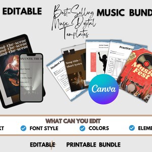 May include: A digital music bundle with editable templates. Includes a tablet and smartphone displaying behind-the-scenes content, along with printable sheets and a Canva logo. The bundle features text: "Best-Selling Music Bundle!" and "Music Fest".
