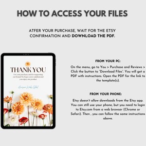May include: A digital download guide on a tablet screen. The screen displays a "Thank You" message with floral accents. Instructions on how to access files after purchase are also included.