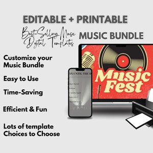 May include: An image promoting a digital music bundle. The text reads "EDITABLE + PRINTABLE Best-Selling Muse MUSIC BUNDLE Digital Templates." A laptop displays a "Music Fest" graphic. A smartphone and printer are also shown.