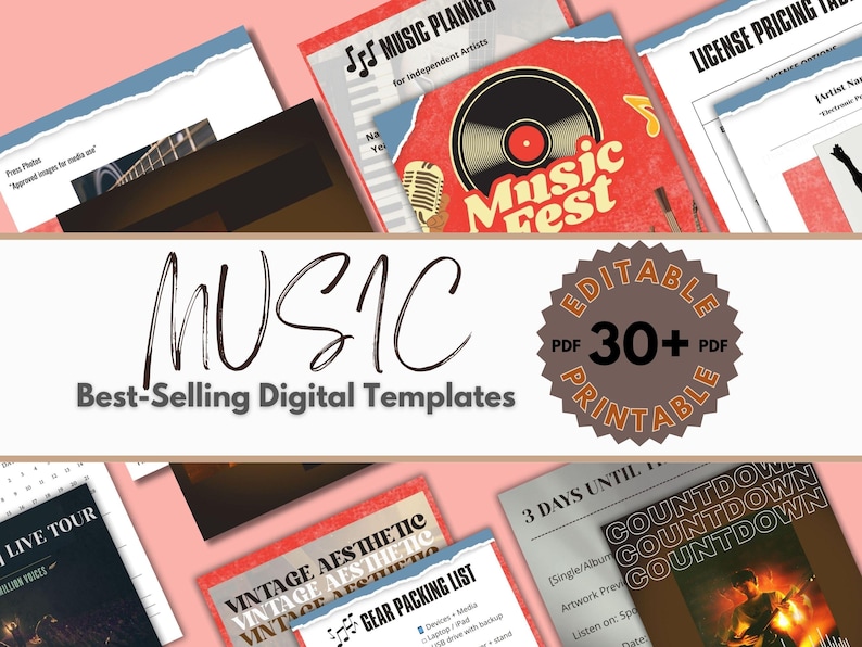 May include: A collection of digital music templates with a variety of designs. The image includes templates for music planning, music fest promotion, and gear packing lists. The text includes "Music Fest", "Best-Selling Digital Templates", and "Editable PDF 30+ Printable".
