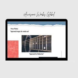 May include: A digital display shows a webpage with the text "Awesome Works Global" and "Press Photos". The page includes a close-up of a guitar's fretboard and the text "Approved for Media Use". A red and white design is on the left.