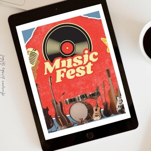 May include: A tablet displays a retro-style "Music Fest" poster with a red background. The poster features a vinyl record, microphone, and various instruments like guitars and drums. A cup of coffee sits beside the tablet.