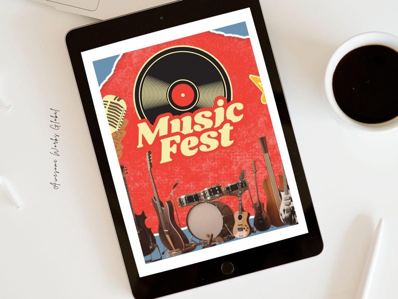 May include: A tablet displays a retro-style "Music Fest" poster with a red background. The poster features a vinyl record, microphone, and various instruments like guitars and drums. A cup of coffee sits beside the tablet.
