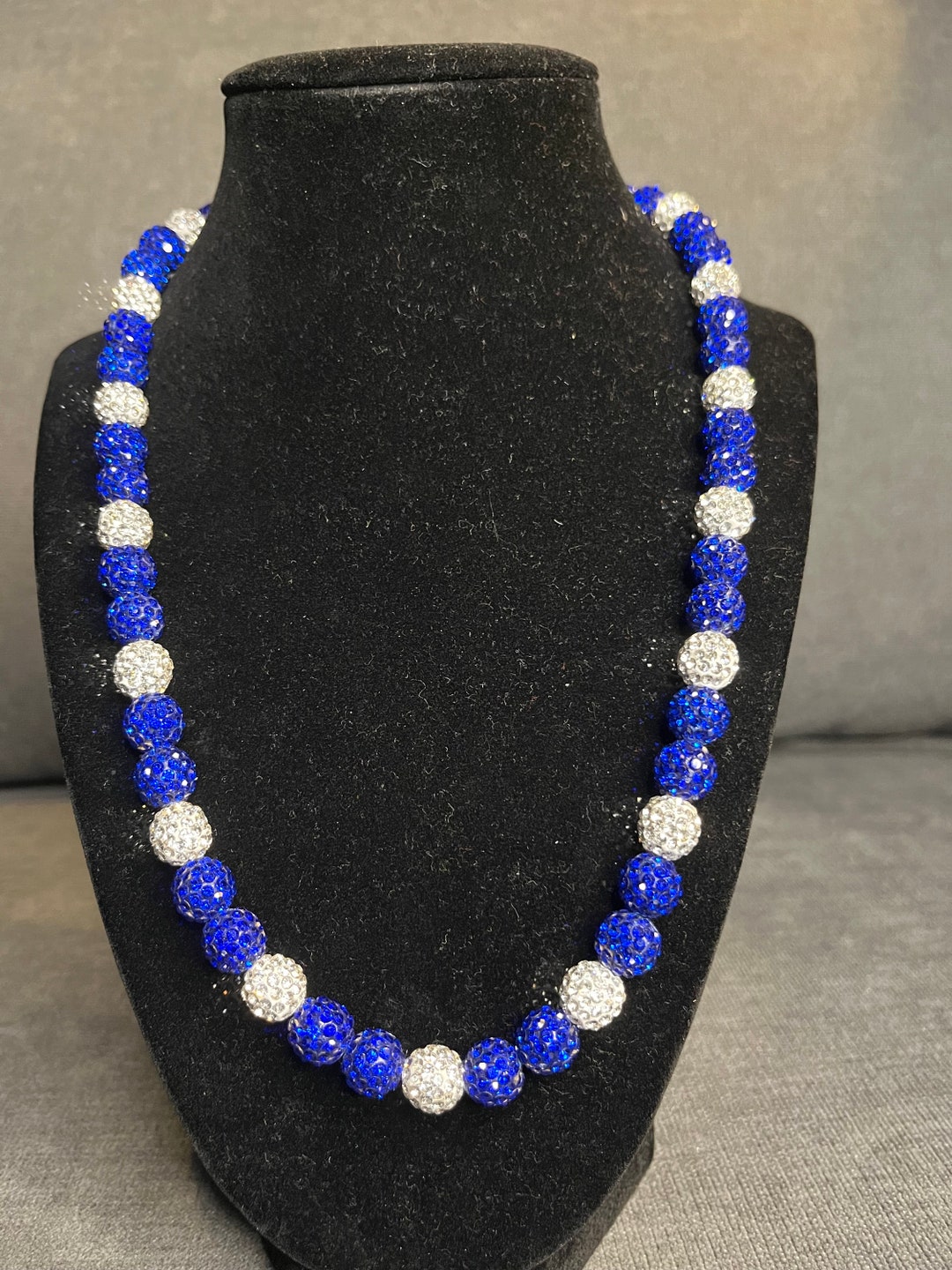 Blue White Beaded Baseball Necklace Rhinestone Bling White Etsy