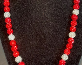 Red White Baseball Beaded Necklace Chain Rhinestone Bead Blackout Reds Cleveland Sports Bling Shiny Pullover Gift Crimson Rojo