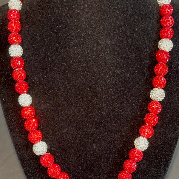 Red White Baseball Beaded Necklace Chain Rhinestone Bead Blackout Reds Cleveland Sports Bling Shiny Pullover Gift Crimson Rojo