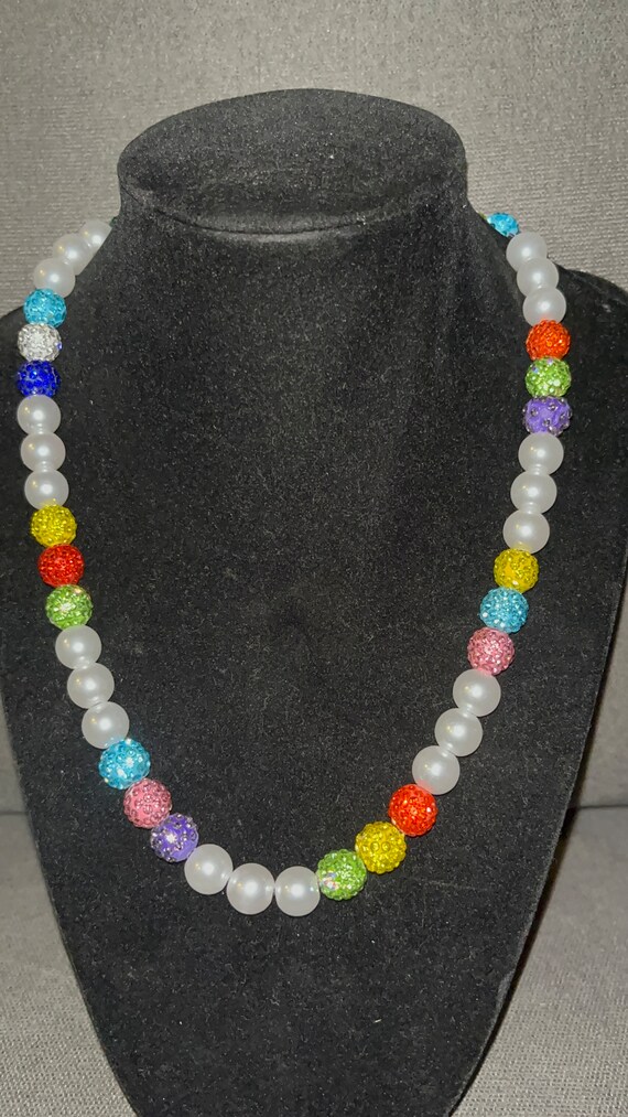 Rainbow Pearl Baseball Beaded Necklace Rhinestone Bead Chain Red