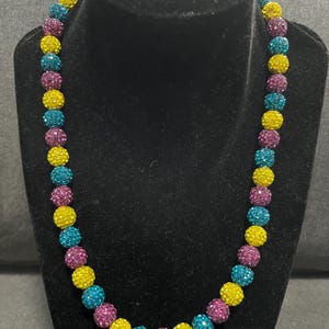 Purple Party Necklace Baseball Beaded  Teal Yellow Bead Rhinestone Rare Jewelry World Series Royal Chain Bling Sport